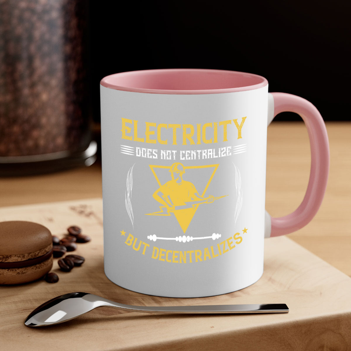 Electricity does not centralize but decentralizes Style 49# Mug with a glossy finish and colorful handle, available in multiple sizes.